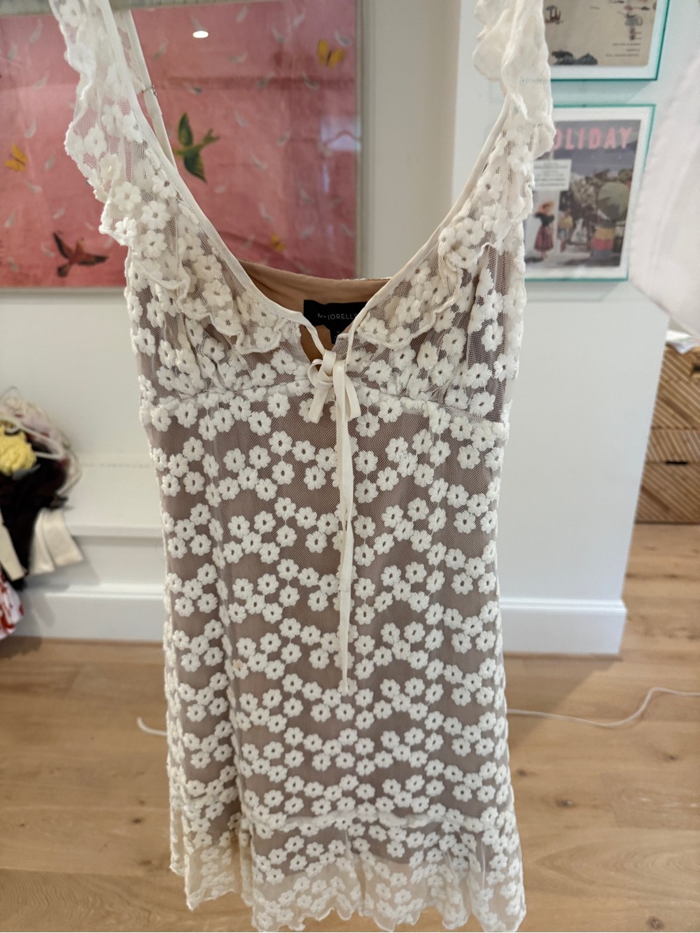 MAJORELLE Beige Dress with White Floral Lace Overlay